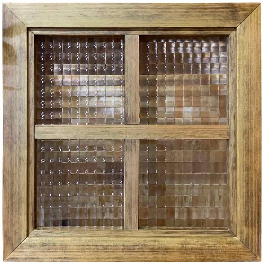 フィックス窓 チェッカーガラス アンティークブラウン 36×3.5×36cm 両面十字桟入り 北欧 木製 ひのき ハンドメイド  オーダーメイド