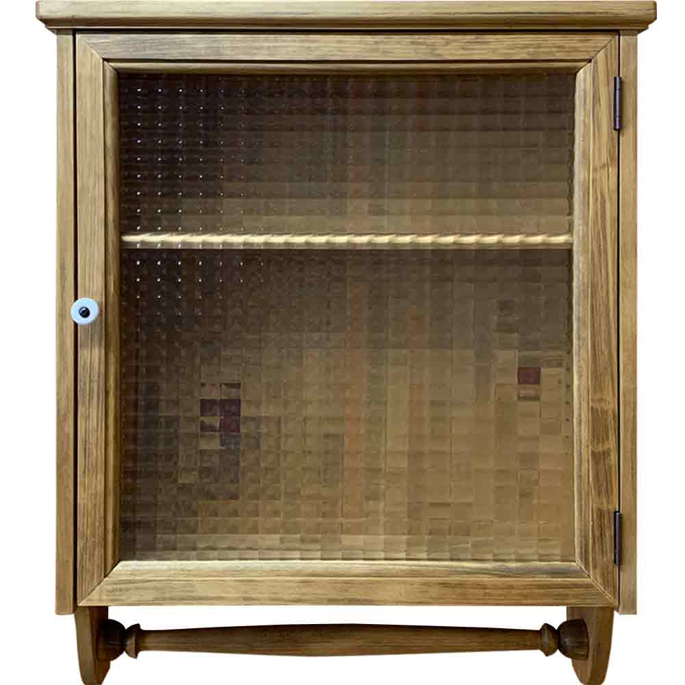 ハンガーつき 二段棚 スパイスラック キャビネット 片開き扉 チェッカーガラス 飾り棚 キャビネット 手作り アンティークブラウン チェッカーガラス インテリア 寝具 収納 タオルバー付き 壁掛け ディスプレイラック ハンドメイド キャビネット 47 14 55cm 木製