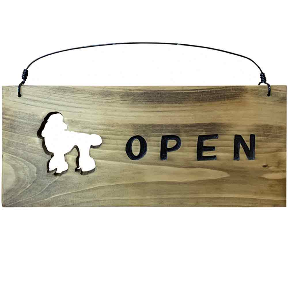 OPEN＆CLOSEプレート トイプードル アンティークブラウン 33×2×13cm くり抜き ひのき 木製 ハンドメイド オーダーメイド