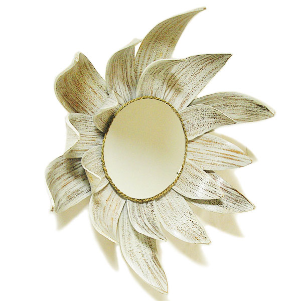 8107円 まとめ買い ココナッツリーフのミラー 鏡 丸型 お花 ホワイト D 50cm M cm おしゃれな 丸い ミラー アジアン 雑貨 バリ タイ インテリア