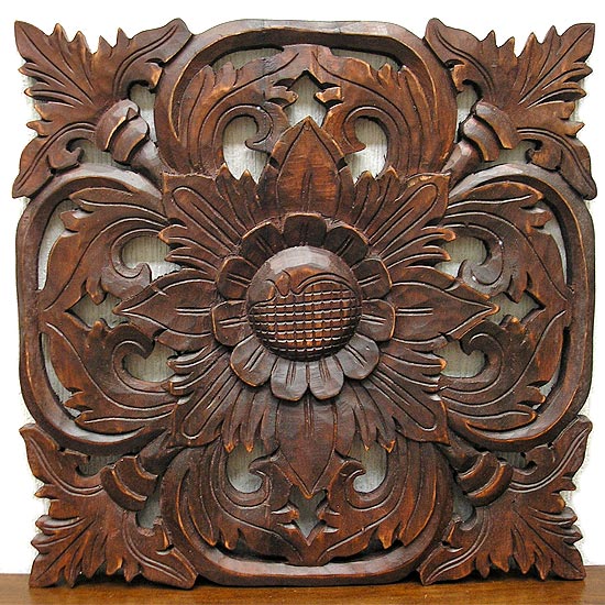 壁掛け木彫りのレリーフ〔お花・唐草模様〕アンティーク調LL[縦約38ｘ横38cm] アジアン 雑貨 バリ 雑貨 タイ 雑貨 アジアン インテリア