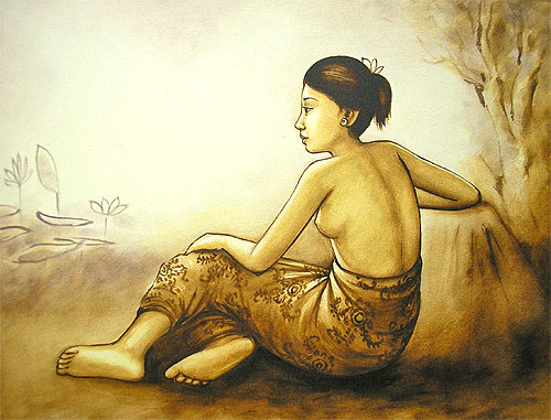 バリアート絵画L横『木陰で休むバリの女性』 アジアン 雑貨 バリ 雑貨 タイ 雑貨 アジアン インテリア 送料無料 10,868円