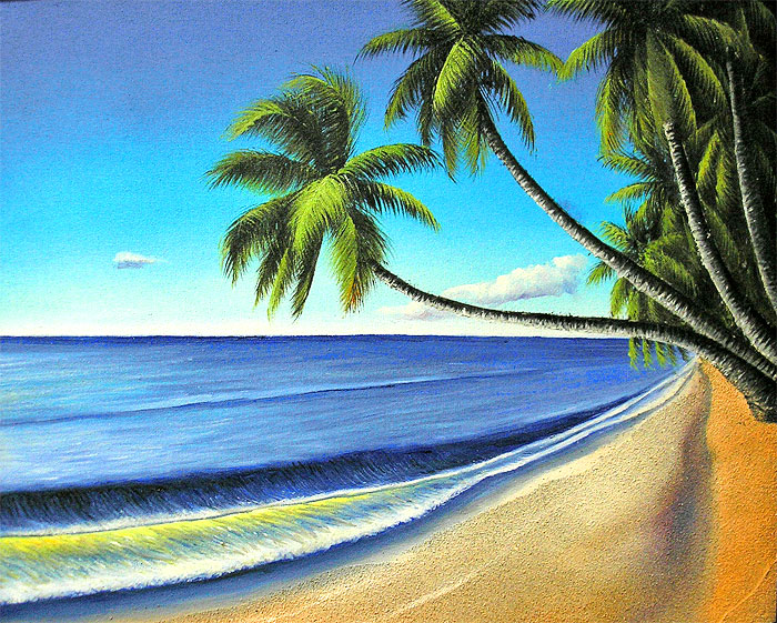 バリアート絵画L横M.Santo 『椰子の木とSeaside』[額横約63cmｘ縦53.5cm] アジアン 雑貨 バリ 雑貨 タイ 雑貨 アジアン インテリア｜アジアン雑貨＆家具・ANGKASA