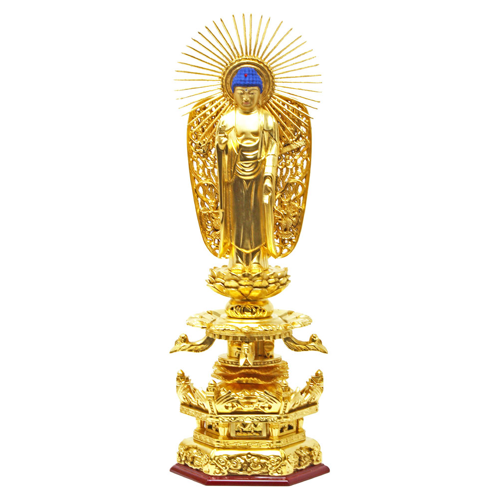 仏像 阿弥陀如来 西立弥陀 木製 総金箔 櫛飛天光輪 京型 ケマン座 4寸 4.5寸 5寸 6寸 【其れ相応一派：浄土真宗本願寺派（お西、西本願寺）】【百貨店SALE継続期間中 P5倍】
