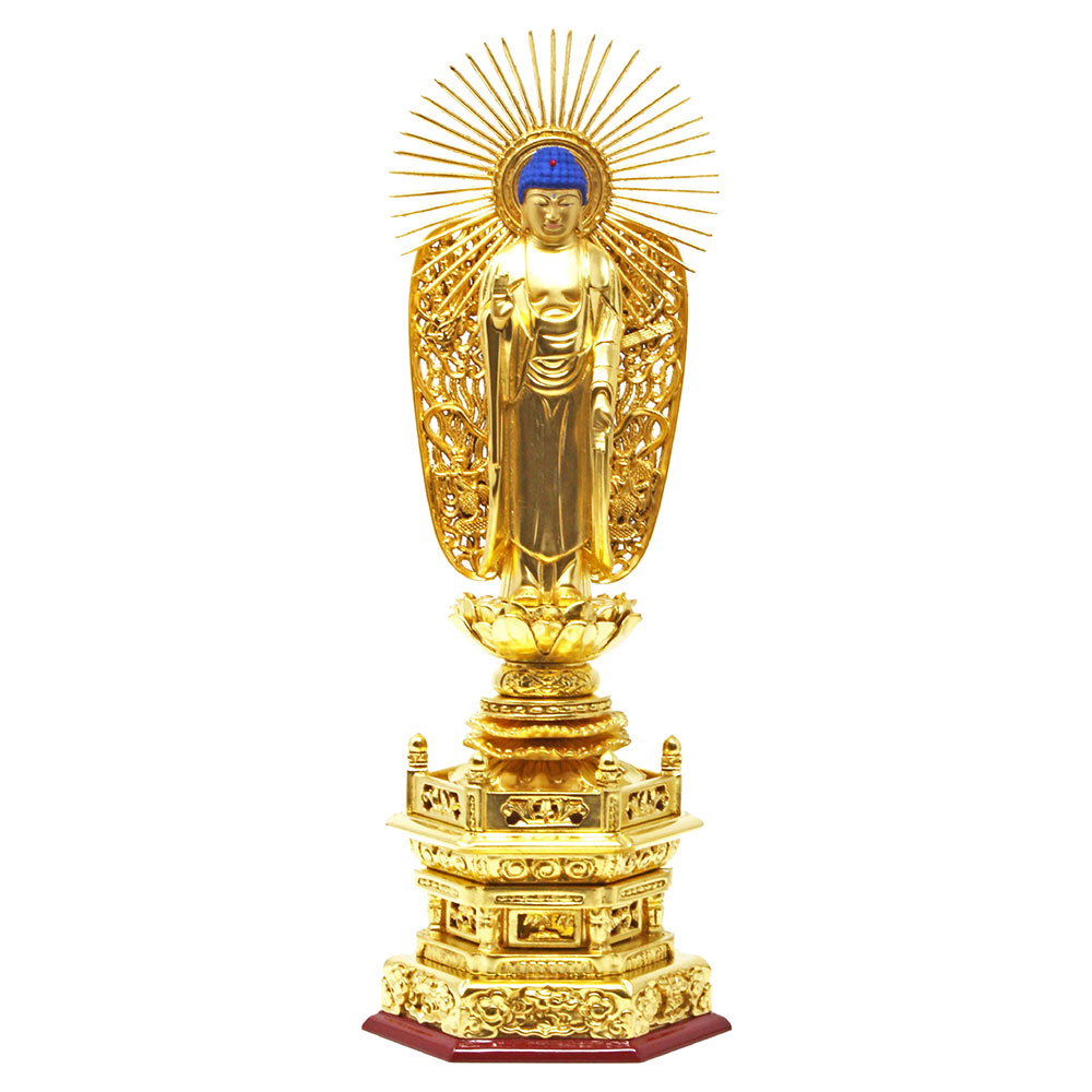 仏像 阿弥陀如来 西立弥陀 木製 総金箔 櫛飛天光輪 京型 六角座 4寸 4.5寸 5寸 6寸 【其れ相応一派：浄土真宗本願寺派（お西、西本願寺）】【百貨店SALE継続期間中 P5倍】