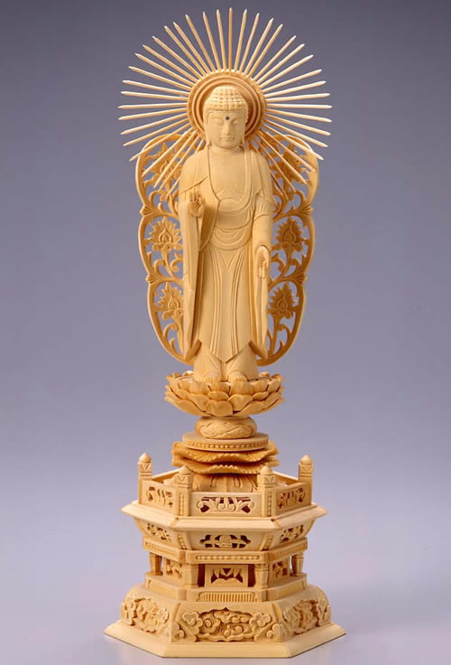 仏像 阿弥陀如来 西立弥陀 6.0寸 桧製 六角座 【適合宗派:浄土真宗本願寺派(お西)】|仏壇仏具のまごころショップ安伽堂