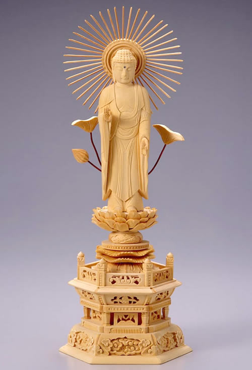 仏像 阿弥陀如来 東立弥陀 3.5寸 桧製 六角座 【適合宗派：真宗大谷派（お東）】【イベント期間中 P5倍】
