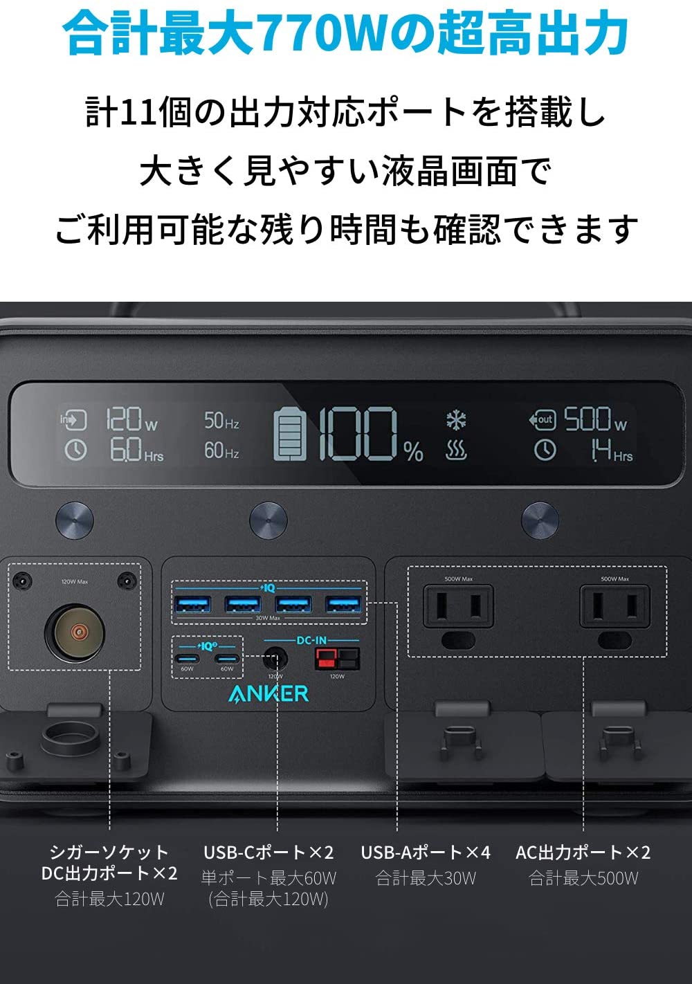 Anker ポータブル電源 PowerHouse II 800 大容量778Wh 純正弦波 AC500W 11ポート 急速充電 PSE認証済 キャンプ  アウトドア 車中泊 緊急 非常用電源