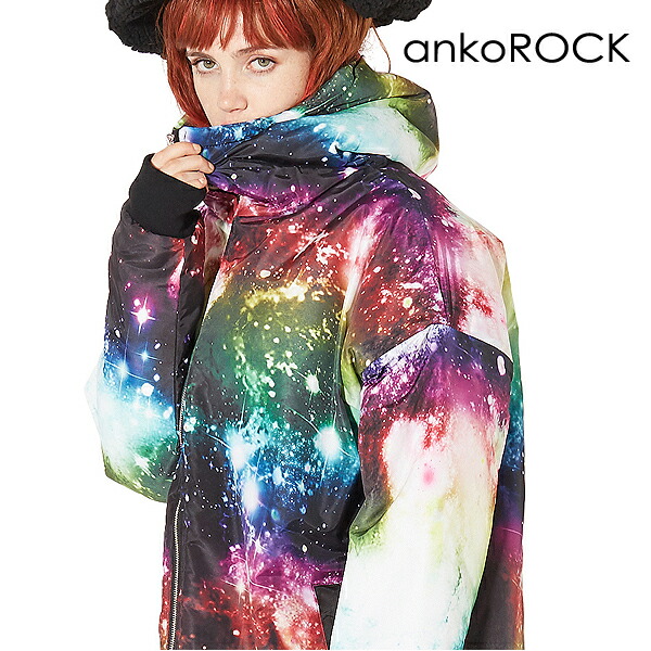 美品 コート ジャケット レディース メンズ ダウン ジャケット 中綿 アンコロック Ankorock ユニセックス プリント ギャラクシー 宇宙 ブラック 黒 オーバーサイズ ビッグシルエット 大きいサイズ ロング丈 長袖 ブランド 服 Firstbev Ng