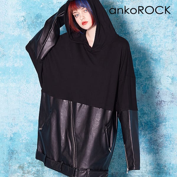 Ankorock アンコロック パーカー パーカー メンズ プルオーバー 黒 スウェット レディース ユニセックス 服 ブランド レザー 切替 切り替え 長袖 プルパーカー スウェット スエット 大きいサイズ ビッグシルエット オーバーサイズ 黒 ブラック Ankorock原宿系