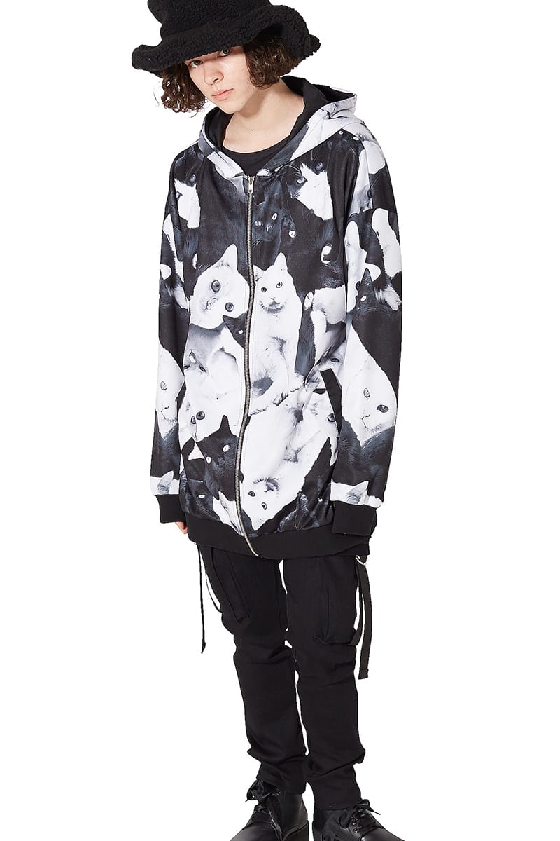 Ankorock アンコロック パーカー ユニセックス 黒猫 白黒 ビッグシルエット 長袖 白猫 ジップアップパーカー ロング丈 大きいサイズ ジップパーカー モノクロ 総柄 オーバーサイズ レディース メンズ プリント ねこ ブランド 服 ネコ