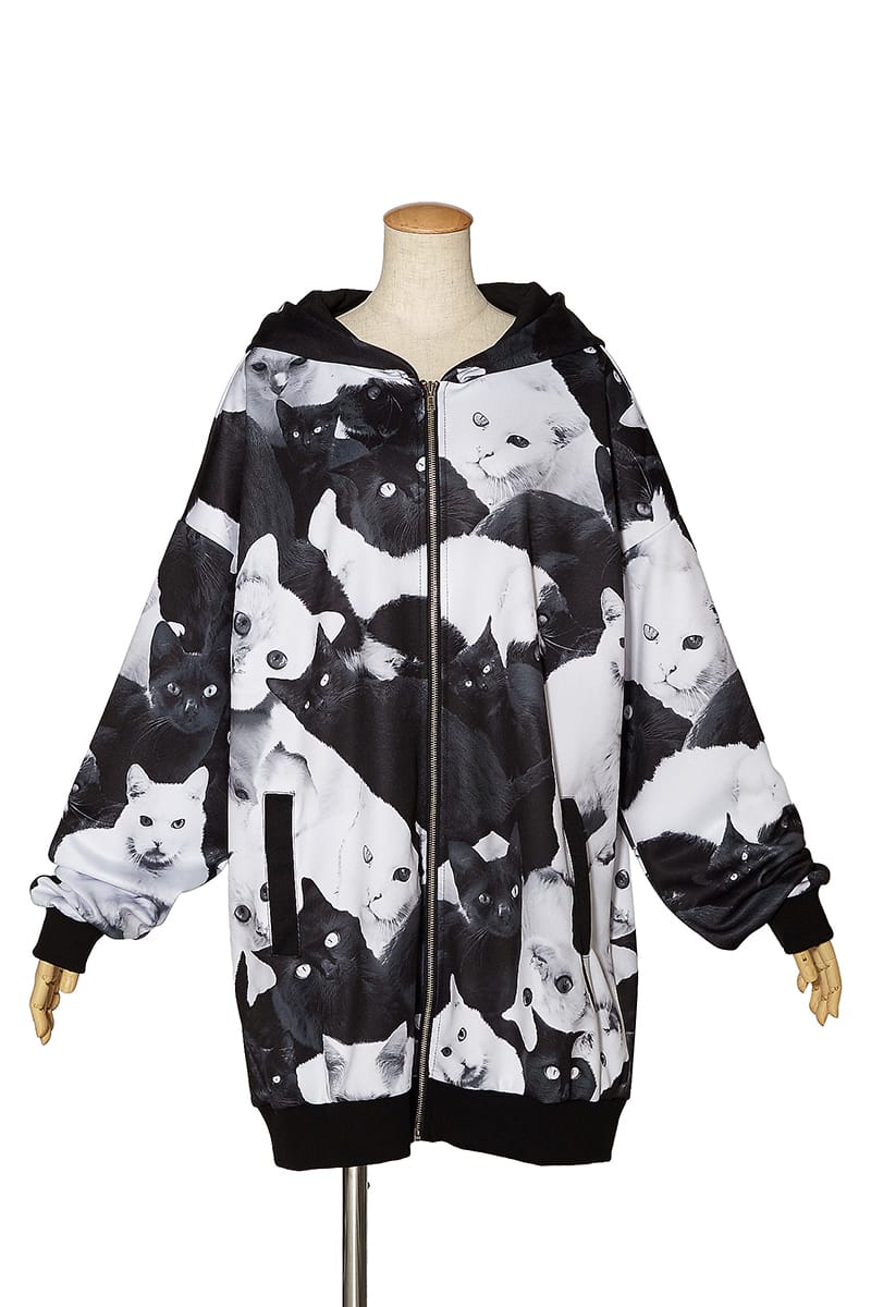 Ankorock アンコロック パーカー ユニセックス 黒猫 白黒 ビッグシルエット 長袖 白猫 ジップアップパーカー ロング丈 大きいサイズ ジップパーカー モノクロ 総柄 オーバーサイズ レディース メンズ プリント ねこ ブランド 服 ネコ