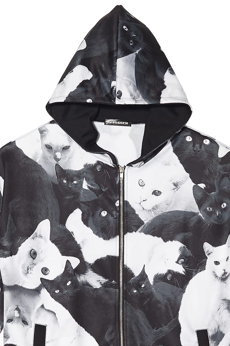 Ankorock アンコロック パーカー ユニセックス 黒猫 白黒 ビッグシルエット 長袖 白猫 ジップアップパーカー ロング丈 大きいサイズ ジップパーカー モノクロ 総柄 オーバーサイズ レディース メンズ プリント ねこ ブランド 服 ネコ