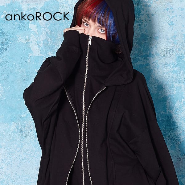 原宿系 ファッション 派手 個性的 衣装 Ankorock アンコロック パーカー メンズ ジップパーカー レディース ユニセックス 服 ブランド 長袖 ロング丈 無地 ジップアップパーカー スウェット スエット 大きいサイズ ビッグシルエット オーバーサイズ 黒 ブラック