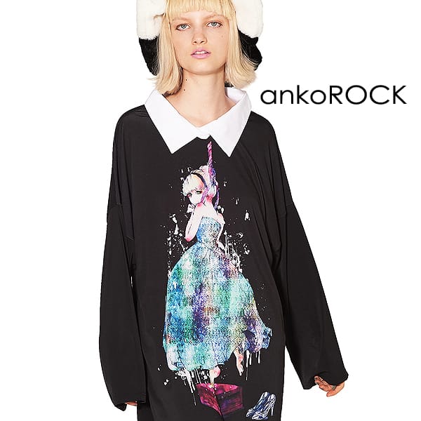 代引不可 楽天市場 Ankorock アンコロック Tシャツ メンズ カットソー ワンピース ビッグtシャツ レディース ユニセックス 服 ブランド 長袖 ロンt シャツ襟 ロング丈 プリントtシャツ ガールズプリント 大きいサイズ ビッグシルエット オーバーサイズ 黒 ブラック