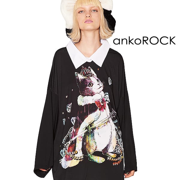 Tシャツ カットソー ねこ 猫 ネコ プリントtシャツ ロング丈 シャツ襟 ロンt 長袖 ブランド 服 ユニセックス レディース ビッグtシャツ ワンピース カットソー メンズ Tシャツ アンコロック Ankorock 大きいサイズ おばけ お化け ホラー ブラック 黒 オーバーサイズ