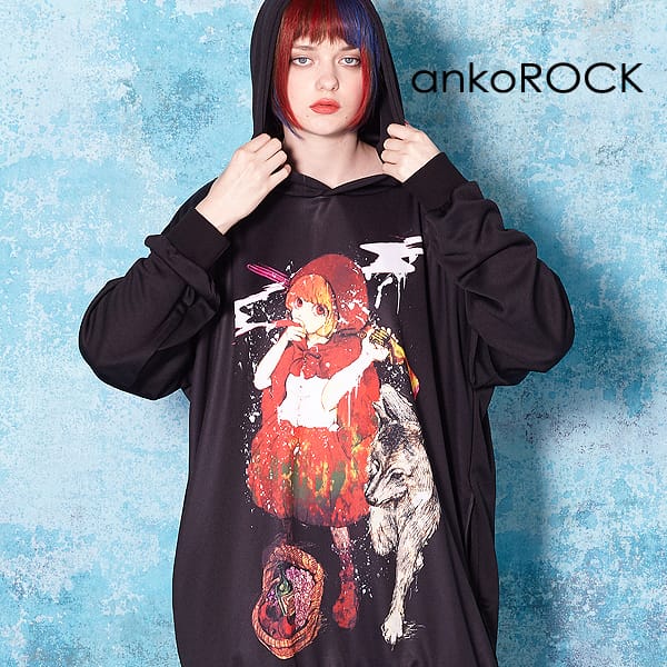 高速配送 楽天市場 Ankorock アンコロック パーカー メンズ プルオーバー レディース ユニセックス 服 ブランド 長袖 ロング丈 プル パーカー プリント 大きいサイズ ビッグシルエット オーバーサイズ 黒 ブラック 女の子 童話 赤ずきん Ankorock 注目ブランド