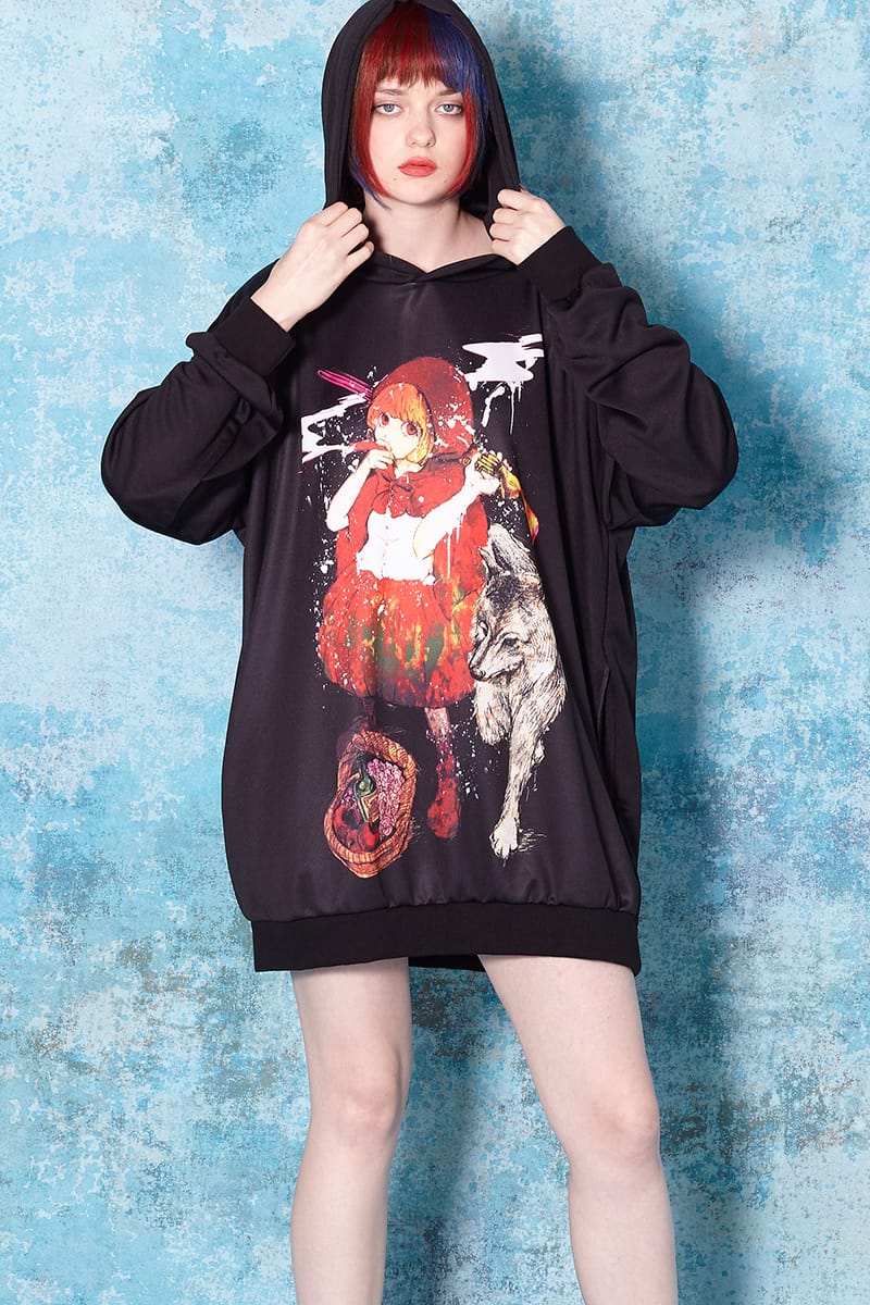 ファッション 童話 派手 原宿系 赤ずきんレディースファッション 衣装 黒 パーカー 個性的 Ankorock ユニセックス レディース メンズ アンコロック プルオーバー 服 ブランド 長袖 ロング丈 プルパーカー プリント 大きいサイズ ビッグシルエット オーバーサイズ 黒