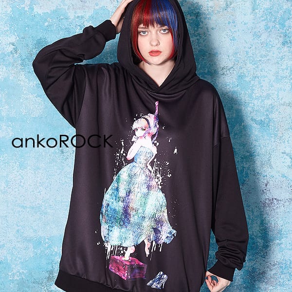 ファッション 原宿系 Ankorock パーカー プルオーバー 派手 パーカー アンコロック シンデレラレディースファッション 衣装 トップス 服 ブランド レディース ユニセックス プルパーカー 個性的 メンズ 長袖 ロング丈 プリント 大きいサイズ ビッグシルエット オーバー