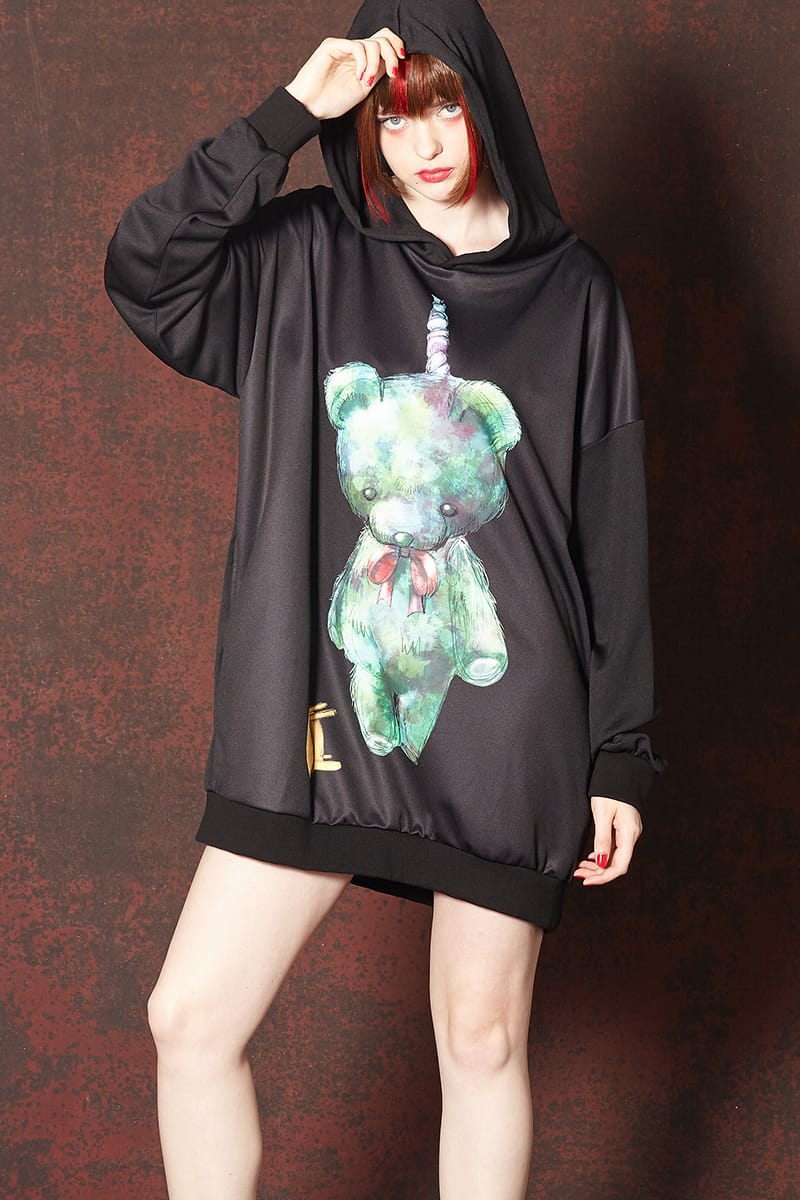 超爆安即出荷 原宿系 ファッション 派手 個性的 衣装 Ankorock アンコロック パーカー メンズ プルオーバー レディース ユニセックス 服 ブランド 長袖 ロング丈 プルパーカー プリント くま 熊 クマ 大きいサイズ ビッグシルエット オーバーサイズ 黒 ブラック