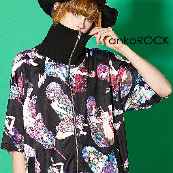 Ankorock メンズ アンコロック ジャージ メンズ 服 ボリュームネック レディース ブランド ユニセックス 服 ブランド 半袖 大きいサイズ ビッグシルエット 黒 ブラック プリント 女の子 ガール 総柄 Ankorock原宿系 ファッション 派手 個性的 衣装