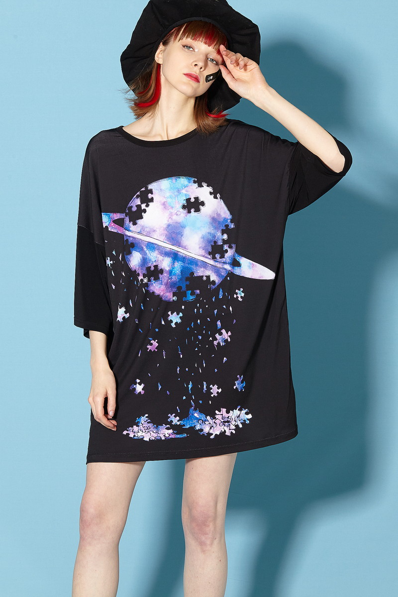 アンコロック メンズ 総柄 ビッグ Tシャツ カットソー ワンピース レディース ブランド ユニセックス ブランド 服 半袖 ブラック Ankorock 大きいサイズ ビッグシルエット 黒 プリント 退廃 土星 惑星