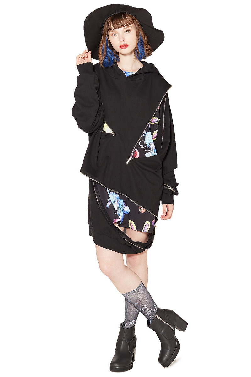 原宿系 アンコロック Ankorock 服 衣装 個性的 パーカー レディース プルオーバー プルオーバー 派手 黒 服 ファッション メンズ ユニセックス ブランド 長袖 クレイジージップ レイヤード 重ね着 ロング丈 プルパーカー スウェット スエット 無地 大きいサイズ ビッグ