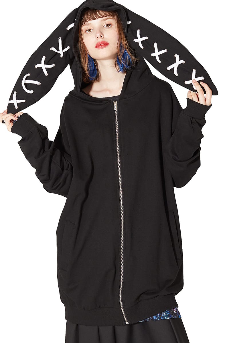 パーカー アンコロック アンコロック ウサ耳 Ankorock ユニセックス ブランド パーカー 派手ブランド 長袖 うさ耳 メンズ レディース ワンピース プルオーバー 服 ロング丈 大きいサイズ ビッグシルエット オーバーサイズ 黒 白 ブラック ホワイト Ankorock原宿系