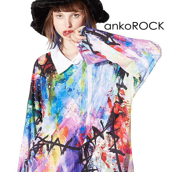 安い Ankorock アンコロック Tシャツ メンズ カットソー ワンピース シャツ襟 ビッグtシャツ レディース ユニセックス 服 ブランド 長袖 無地 ロング丈 ロンt プリントtシャツ 総柄 大きいサイズ ビッグシルエット オーバーサイズ 黒 ブラック カラフル 超激安 Caronova