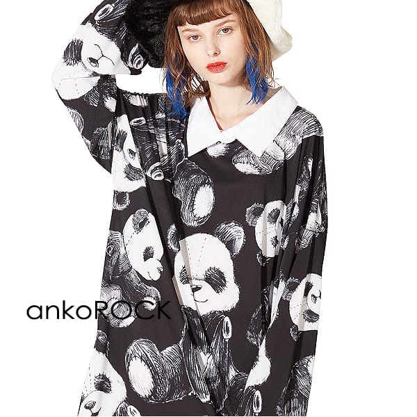Tシャツ カットソー ビッグシルエット 大きいサイズ プリントtシャツ ロンt ロング丈 無地 長袖 ブランド 服 ユニセックス レディース ビッグtシャツ シャツ襟 ワンピース カットソー メンズ Tシャツ アンコロック Ankorock オーバーサイズ ビッグヌイグルミパンダ