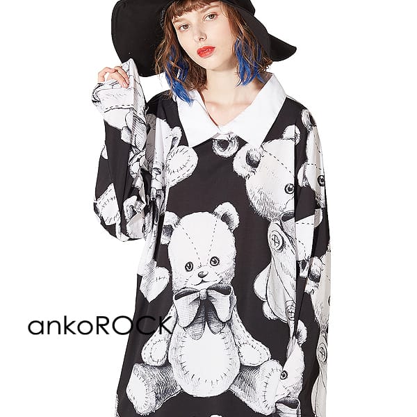 贅沢 Tシャツ カットソー シャツ襟 ワンピース カットソー メンズ Tシャツ アンコロック Ankorock ビッグtシャツ ビッグテディベア モノトーン 白黒 オーバーサイズ ビッグシルエット 大きいサイズ クマ 熊 くま プリントtシャツ ロンt ロング丈 無地 長袖 ブランド 服