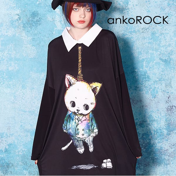 Tシャツ カットソー 100 正規品 プリントtシャツ ロンt ロング丈 無地 長袖 ブランド 服 ユニセックス レディース ビッグtシャツ シャツ襟 ワンピース カットソー メンズ Tシャツ アンコロック Ankorock 総柄 首つりネコ ブラック 黒 オーバーサイズ ビッグシルエット