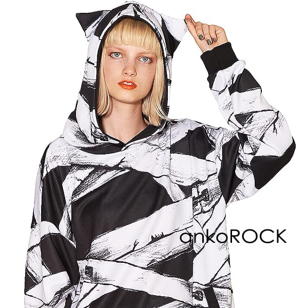 セール ロング丈 ネコ耳 猫耳 長袖 ブランド 服 ユニセックス レディース プルオーバー メンズ パーカー アンコロック Ankorock プル パーカー 包帯 モノトーン 白黒 オーバーサイズ ビッグシルエット 大きいサイズ プリント 総柄 パーカー Alrihlah Com