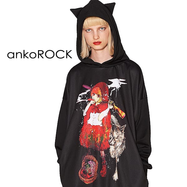 新品本物 Ankorock アンコロック パーカー メンズ プルオーバー レディース ユニセックス 服 ブランド 長袖 猫耳 ネコ耳 ロング丈 プル パーカー ガールズプリント 大きいサイズ ビッグシルエット オーバーサイズ 黒 ブラック 女の子 童話 赤ずきん 気質アップ Monik Fi