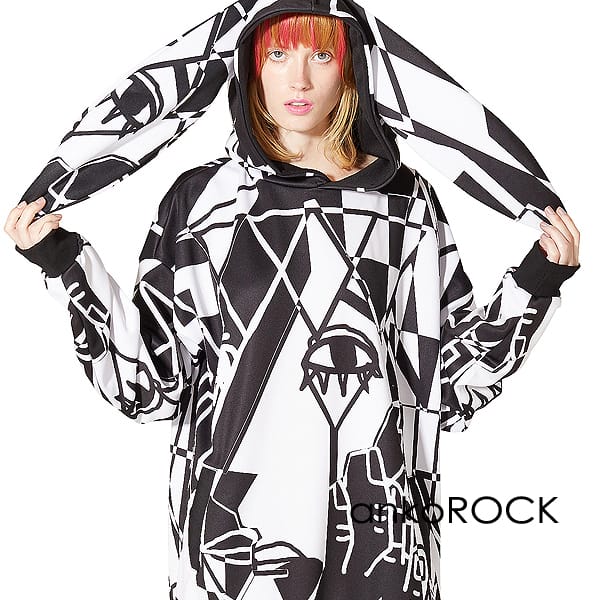 Ankorock アンコロック パーカー メンズ プルオーバー レディース ユニセックス 服 ブランド 長袖 うさ耳 ウサ耳 ロング丈 プルパーカー総柄 プリント 大きいサイズ ビッグシルエット オーバーサイズ 白黒 モノトーン 絵画 素敵な