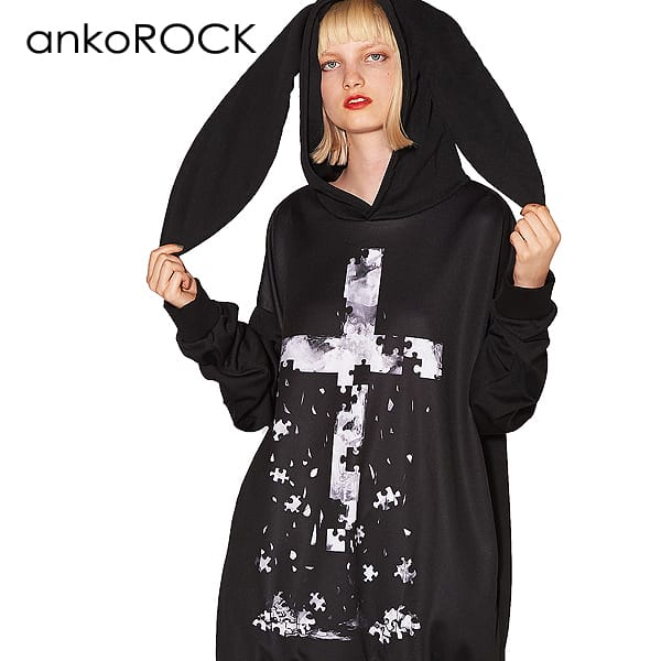 Ankorock アンコロック パーカー メンズ プルオーバー レディース ユニセックス 服 ブランド 長袖 うさ耳 ウサ耳 ロング丈 プルパーカー総柄 プリント 十字架 大きいサイズ ビッグシルエット オーバーサイズ 黒 ブラック 退廃 クロス Off