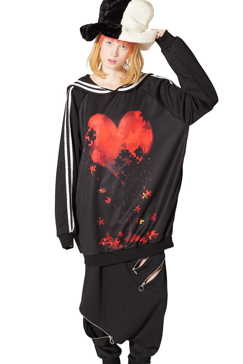 メンズ ハート Ankorock原宿系 大きいサイズ レディース Ankorock アンコロック 退廃 ファッション 黒ブラック 服 黒ブラック ユニセックス セーラーデザイン 総柄 オーバーサイズ ジャージ ユニセックス プリント アンコロック ブランド プルオーバー ビッグシルエット