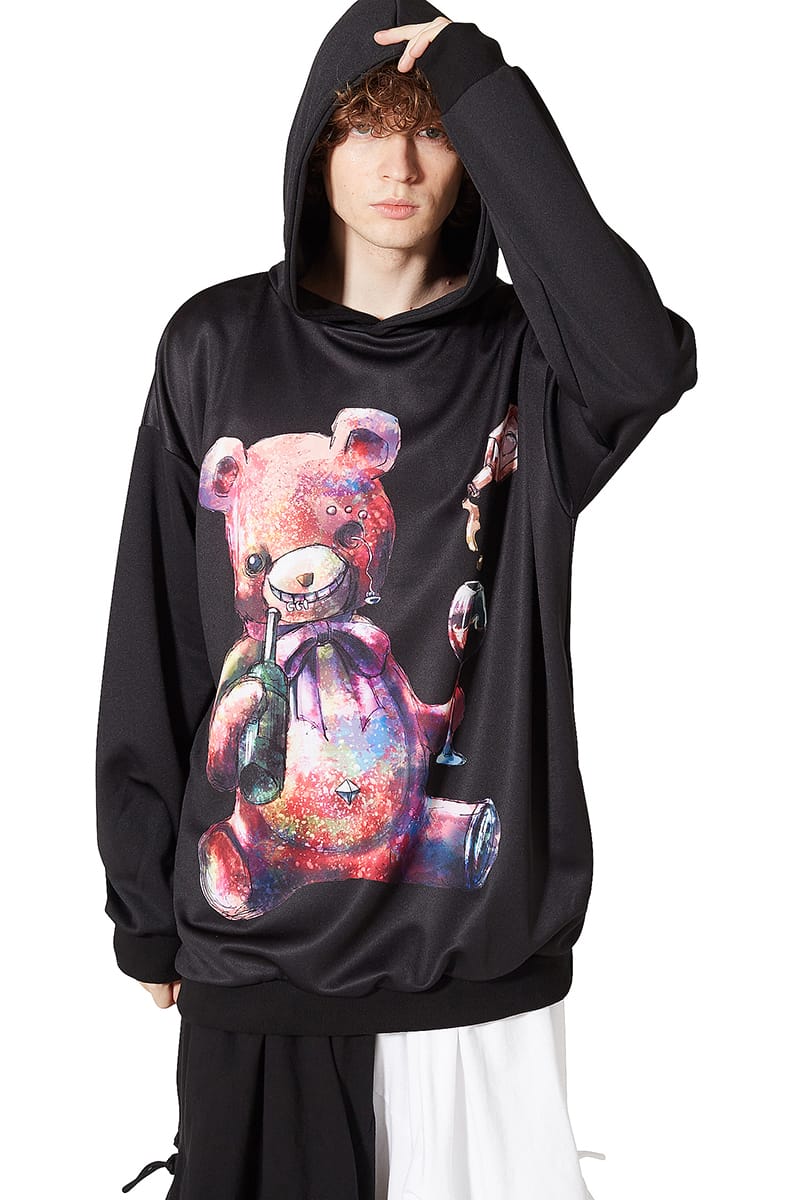 原宿系 パーカー ファッション 派手 個性的 衣装 Ankorock トップス アンコロック ユニセックス パーカー メンズ プルオーバー レディース ユニセックス 服 ブランド 長袖 ロング丈 プルパーカー プリント くま 熊 クマ 大きいサイズ ビッグシルエット オーバーサイズ 黒