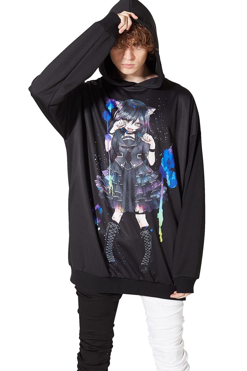 超特価 のankorock アンコロック パーカー メンズ レディース プルオーバー メンズ ワンピース ユニセックス プルオーバー 服 ガール ブランド 長袖 ロング丈 大きいサイズ ビッグシルエット オーバーサイズ 黒 ブラック プリント 女の子 ガール 黒猫 Ankorock原宿系