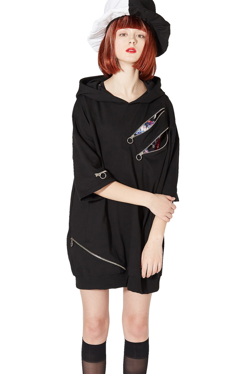 贅沢品 のファッション パーカー 衣装 ビッグ 派手 個性的 Tシャツ カットソー 半袖 Ankorock アンコロック Ankorock 原宿系 ワンピース ユニセックス メンズ レディース 服 ブランド 半袖 大きいサイズ ビッグシルエット アシンメトリー リングジップ 黒 ブラック Ankorock