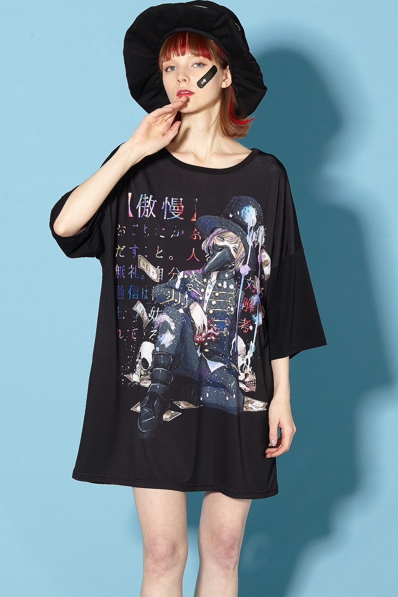 原宿系 ファッション 派手 個性的 大罪 衣装 Ankorock アンコロック ユニセックス ビッグ Tシャツ Tシャツ メンズ カットソー レディース ワンピース ユニセックス 服 ブランド 半袖 大きいサイズ ビッグシルエット 黒 ブラック 大罪 傲慢 Ankorock