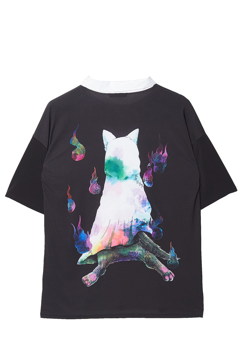 新品本物 Ankorock アンコロック ビッグ Tシャツ メンズ カットソー レディース ワンピース ユニセックス 服 ブランド 半袖 大きいサイズ ビッグシルエット 襟 襟付き 黒 ブラック プリント ハロウィン ホラー おばけ 猫 ネコ Ankorock 史上最も激安 Blisspharm Com