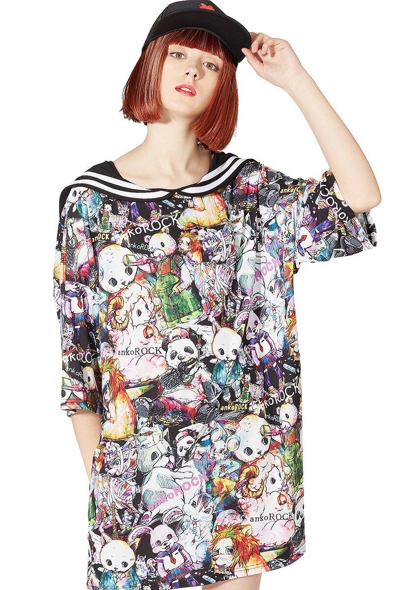 Ankorock アンコロック レディース ビッグ ビッグ Tシャツ メンズ 総柄 カットソー レディース 個性派 ワンピース セーラー ユニセックス 服 ブランド 半袖 大きいサイズ ビッグシルエット セーラー服 柄 猫 うさぎ パンダ カラフル Ankorock原宿系 ファッション 派手