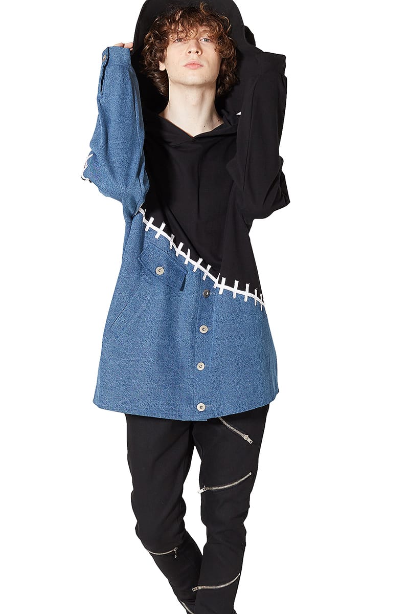 アンコロック Ankorock 柄 服 ブランド 長袖 ユニセックス 個性的 レディース ロング丈 ロング丈 メンズ デニム プルオーバー スウェット パーカー プルパーカー 切替 切り替え スエット 大きいサイズ ビッグシルエット オーバーサイズ 黒 ブラック Ankorock原宿系