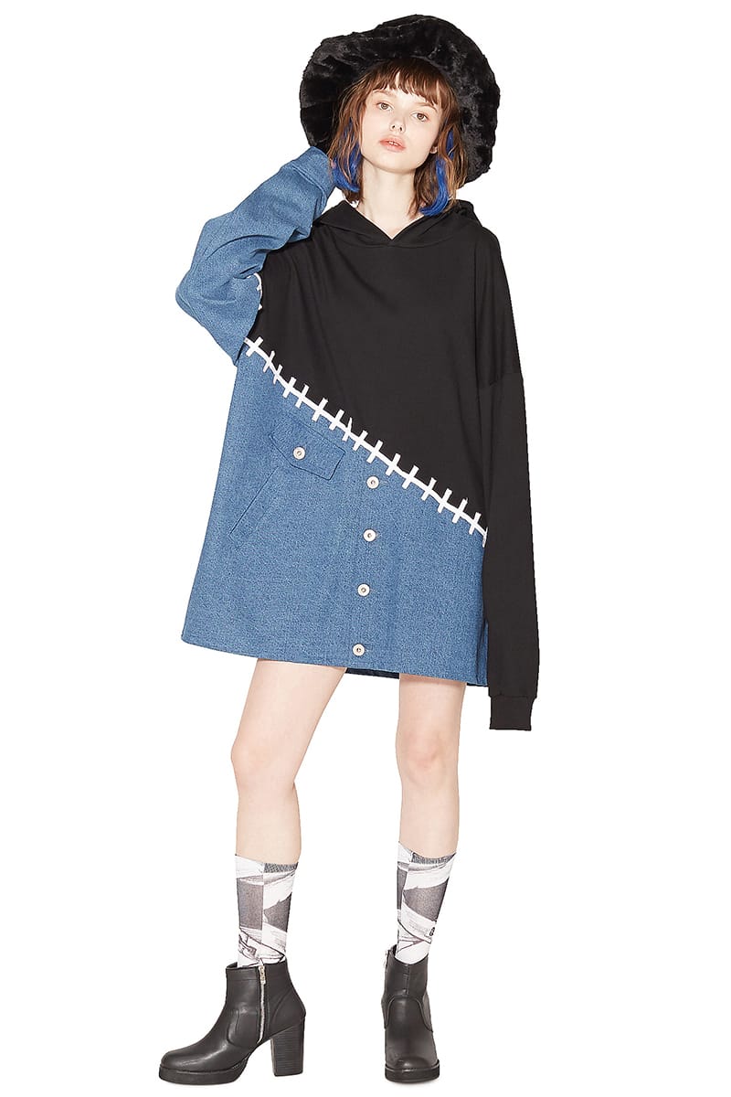 アンコロック Ankorock 柄 服 ブランド 長袖 ユニセックス 個性的 レディース ロング丈 ロング丈 メンズ デニム プルオーバー スウェット パーカー プルパーカー 切替 切り替え スエット 大きいサイズ ビッグシルエット オーバーサイズ 黒 ブラック Ankorock原宿系