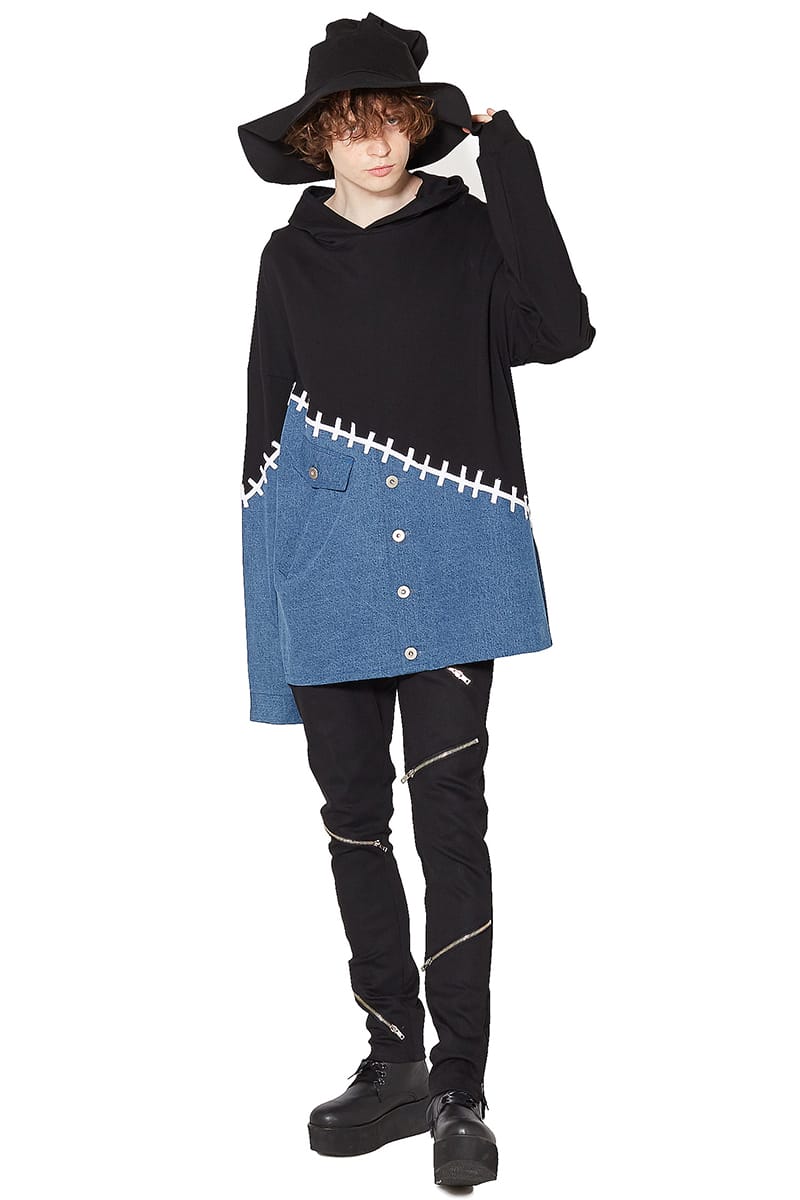 アンコロック Ankorock 柄 服 ブランド 長袖 ユニセックス 個性的 レディース ロング丈 ロング丈 メンズ デニム プルオーバー スウェット パーカー プルパーカー 切替 切り替え スエット 大きいサイズ ビッグシルエット オーバーサイズ 黒 ブラック Ankorock原宿系