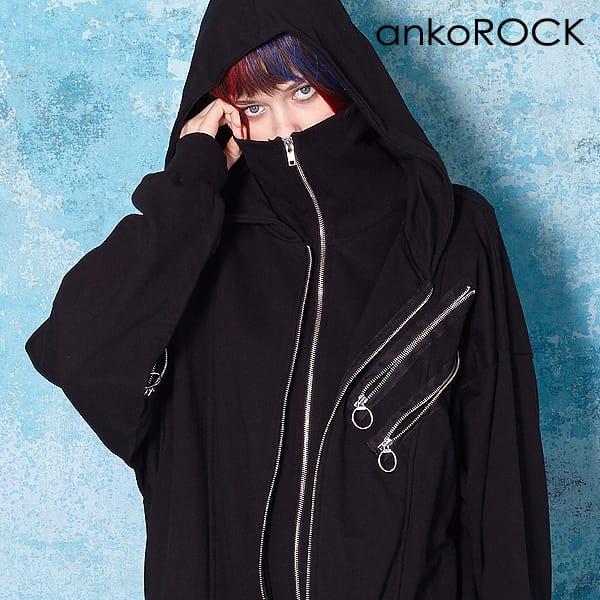 Ankorock スウェット アンコロック パーカー パーカー メンズ ジップパーカー レディース リングジップ ユニセックス 服 ブランド 長袖 ロング丈 ジップアップパーカー スウェット スエット 大きいサイズ ビッグシルエット オーバーサイズ アシンメトリー リングジップ 黒