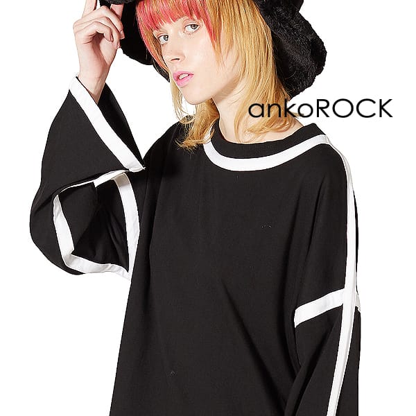 大人気定番商品 Tシャツ カットソー Tシャツ アンコロック Ankorock メンズ ブラック ホワイト 白黒 モノトーン フチドリ オーバーサイズ ビッグシルエット 大きいサイズ ロング丈 クルーネック ロンt 長袖 ブランド 服 ユニセックス レディース ビッグtシャツ