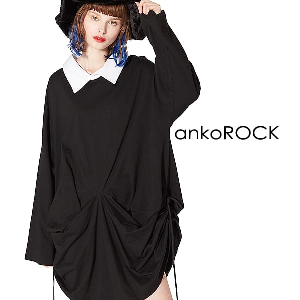 日本産 Tシャツ アンコロック Ankorock メンズ ブラック 黒 オーバーサイズ ビッグシルエット 大きいサイズ ロンt ロング丈 無地 ドレープ サイドコード 長袖 ブランド 服 ユニセックス レディース ビッグtシャツ シャツ襟 ワンピース カットソー Art7338 Deltaroja Com