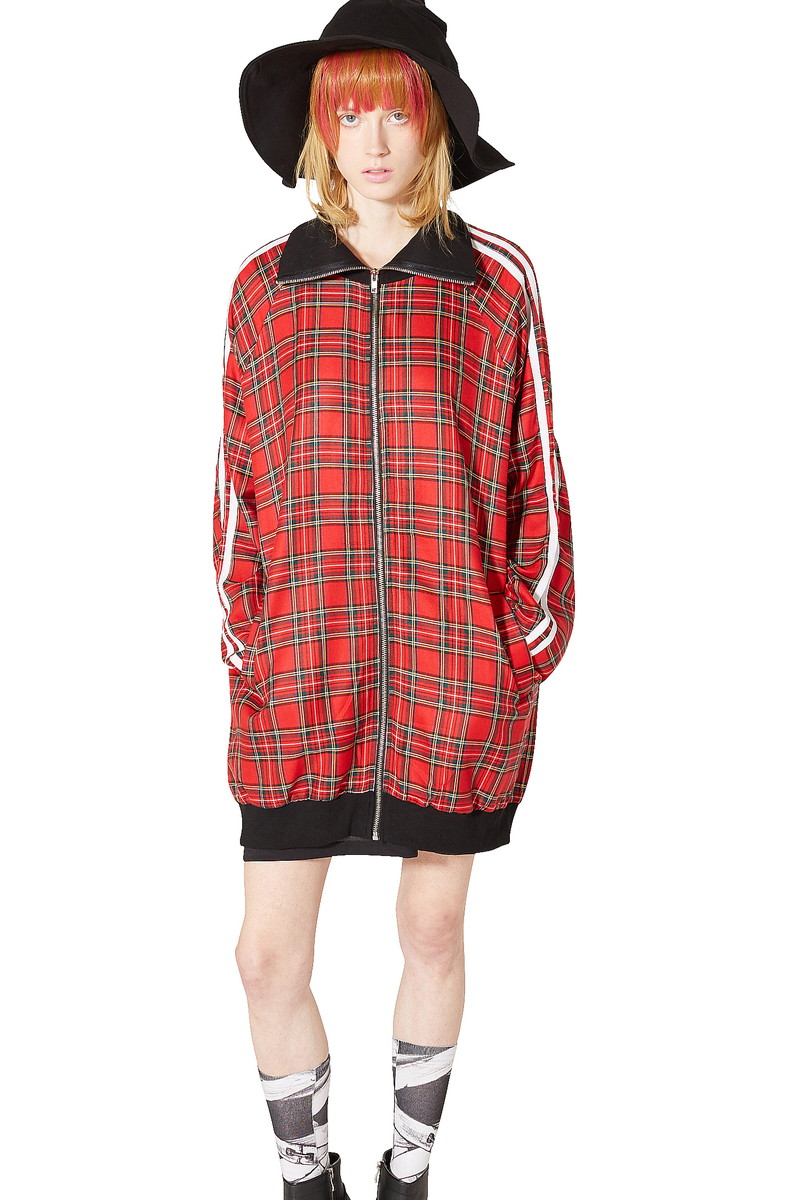 Ankorock アンコロック ジャージ メンズ ボリュームネック レディース 赤 ワンピース アンコロック ユニセックス 服 大きいサイズ ブランド 長袖 トラックジャケット ハイネック サイドライン チェック柄 ロング丈 大きいサイズ ビッグシルエット オーバーサイズ 赤